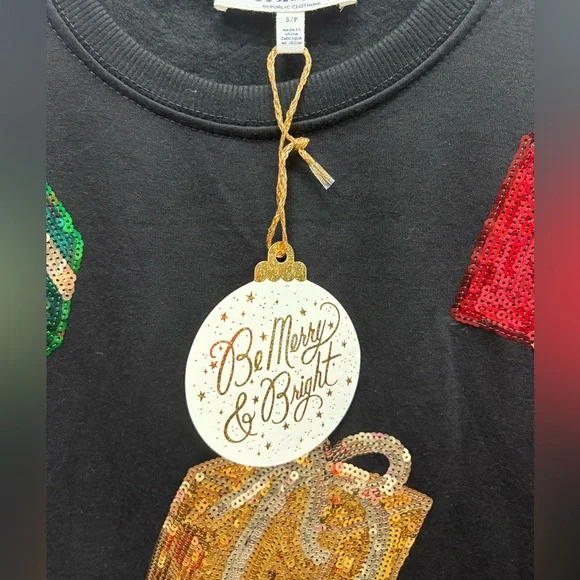 WORKSHOP Black LONG sleeve TOP size small  with sequined festive presents 🎁 - Picture 6 of 8